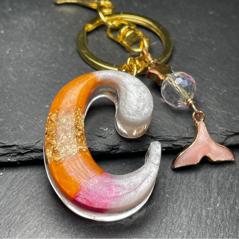 Custom Orange, Pink and Cream Letter “C” Keychain With Gold Foil Inlay - Picture 2 of 7